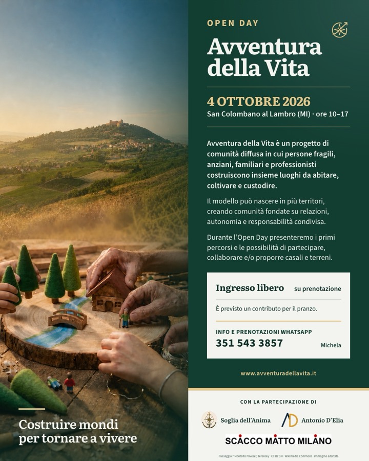 Locandina dell’open day: Avventura della Vita, 4 ottobre 2026, San Colombano al Lambro (MI), dalle 10 alle 17. Ingresso libero su prenotazione, con un contributo previsto per il pranzo. Info e prenotazioni anche su WhatsApp al 351 543 3857, Michela.